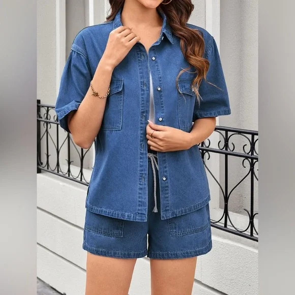 Casual Drop Shoulder Denim Shirt & Shorts Set Casual Drop Shoulder Denim Shirt & Shorts Set